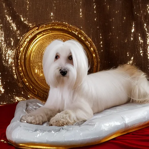 Image similar to a cream - colored havanese dog lying on top of a large plastic sequined horse, a renaissance painting in the background, photo by david lachapelle, behance, transgressive art, freakshow, official album art