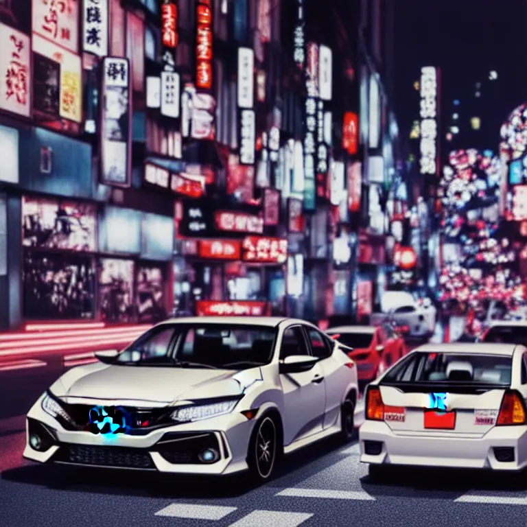 Image similar to a car Honda Civic turbo illegal meeting, detailed-wheels, Shibuya Shibuya, cinematic color, photorealistic, highly detailed, night photography