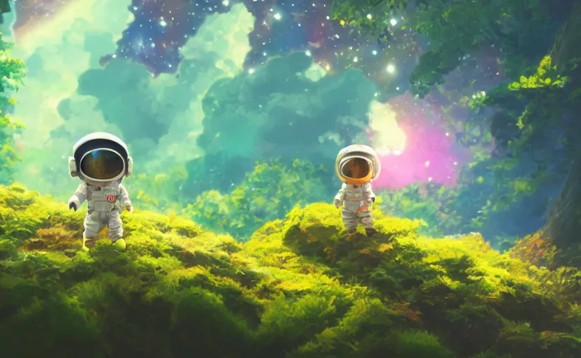 Image similar to a still of a cute adorable tiny astronaut, on a planet of lush colorful foliage surrounded by kaiju monsters, magical forest, sharp focus, neon backlit, highly detailed, disney pixar studio ghibli makoto shinkai, digital painting, matte, octane render, cinematic volumetric lighting, global illumination, iridescent, anime, 8 k concept art