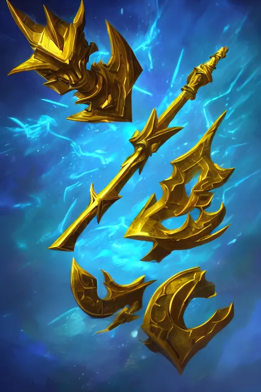 Image similar to a magical golden weapon, d & d, league of legends, concept art, blue background, dramatic lighting. realistic, epic legends, game icon, global illumination, ian pesty