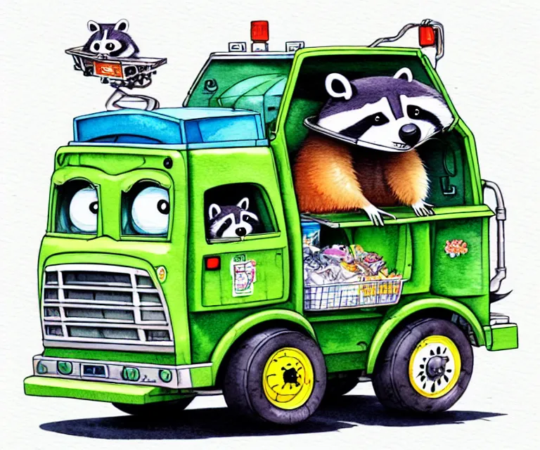 Image similar to cute and funny, racoon riding in a garbage truck, ratfink style by ed roth, centered award winning watercolor pen illustration, isometric illustration by chihiro iwasaki, edited by range murata, tiny details by artgerm and watercolor girl, symmetrically isometrically centered, sharply focused