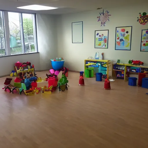 Image similar to childrens daycare indoors no windows limital space, not well lit, creepy photo