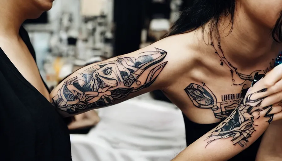 Image similar to photo of a new tatoo of someone giving themselves a tattoo of a tattoo that says i hate tattoos 8 k 1 0 8 0 p