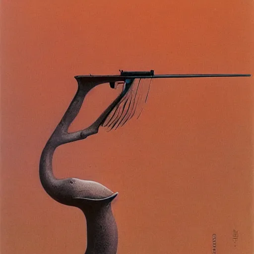 Prompt: flamingo with a shotgun by Zdzisław Beksiński, painting