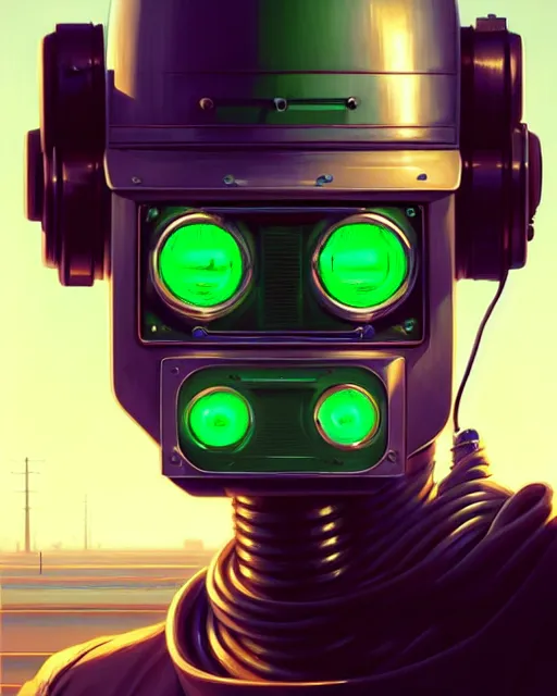 Prompt: hyper - realistic portrait of a vintage robot with green eyes, gta v cover art, celshading, sharp focus, intricate, detailed, by rhads, andreas rocha, makoto shinkai, lois van baarle, ilya kuvshinov and greg rutkowski, by greg rutkowski, dynamic lighting, sharp focus, grunge aesthetic