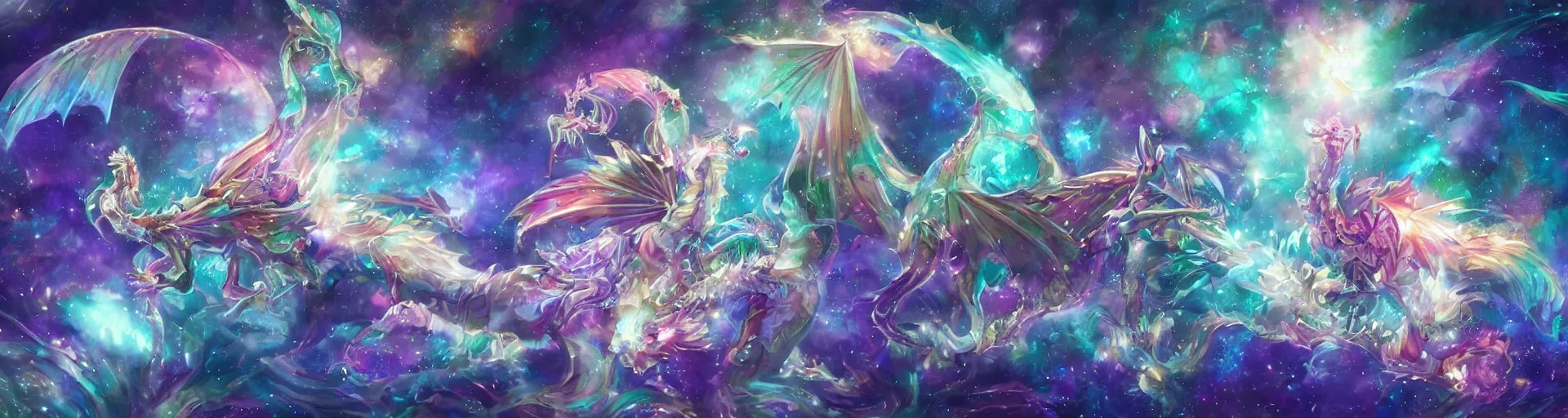 Image similar to a crystal dragon 🐉 , psychedelic, whimsical, 4k, beautiful, a crystal and flower, reflective pool, surrounded by gems, underneath the stars, rainbow fireflies, trending on patreon, deviantart, twitter, artstation, volumetric lighting, heavy contrast, art style of Greg Rutkowski and Miho Hirano and Ross Tran