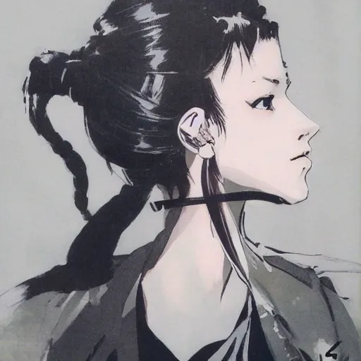 Prompt: regal - looking woman with pigtails, yoji shinkawa