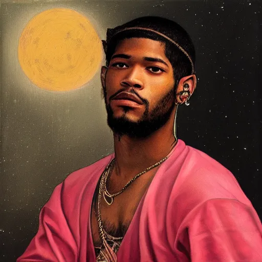 Image similar to a renaissance style portrait painting of kid cudi