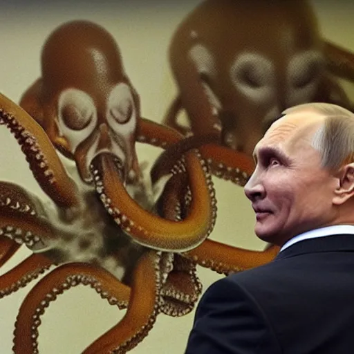 Image similar to vladimir putin, with octopus tentacles sitting in an old roman bathhouse