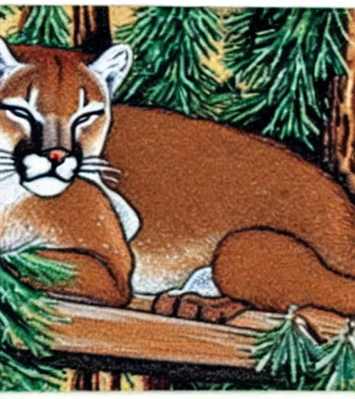 Prompt: damaged postcard of 'a cougar sleeping in the middle of snowy pine tree' laying on coffee table, zoomed out shot