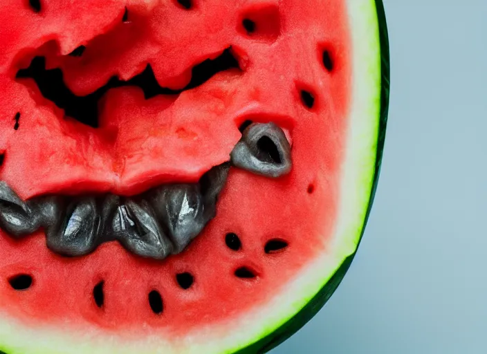 Prompt: photo still of a watermelon with human teeth, 8 k, studio lighting bright ambient lighting key light, 8 5 mm f 1. 8