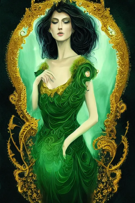 Prompt: a magic the gattering portrait illustration of a woman , fantasy, gradient black green gold, dreamy and ethereal, green eyes, golden ratio, peaceful expression, ornate frilly dress, fantasy, intricate, elegant, ghost, etearal, highly detailed, digital painting, artstation, concept art, smooth,b sharp focus, illustration, art by scott fisher AND artbreeder