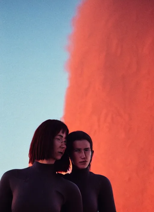 Image similar to cinestill 5 0 d photographic portrait of two loving female androids wearing rugged black techwear on a desolate plain with a red sky in front of a brutalist structure, extreme closeup, cyberpunk style, dust storm, 8 k, hd, high resolution, 3 5 mm, f / 3 2, ultra realistic faces, ex machina