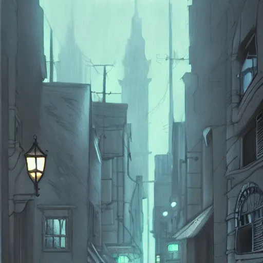 Image similar to dark city street, painting by Hayao Miyazaki,ArtStation