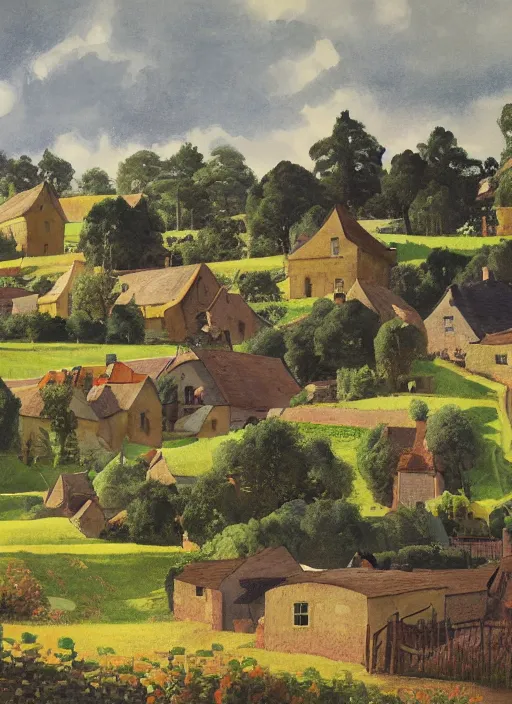 Image similar to painting of a village in the countryside, a storybook illustration by john wonnacott, behance contest winner, synthetism, matte drawing, detailed painting, storybook illustration