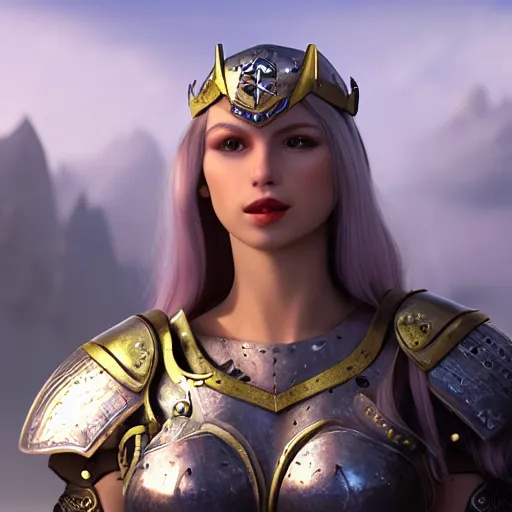 Image similar to a medieval fantasy warrior woman paladin, pretty face, wearing armor, holding a sword in front of her with long white radiant hair, excellent lighting and clear imagine, 4 k, cinematic, perfect face