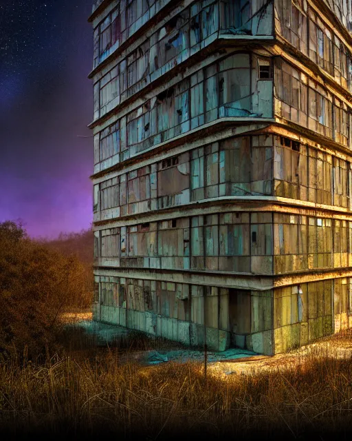 Prompt: a beautiful hyperdetailed rendering of building abandoned nature industrial architecture architecture apartment urbex by alejandro aravena, at fall lightpaint cgsociety nature nightvision otherworldly sea meadow thermal imaging made of glass san andreas uv light, archdaily, wallpaper, highly detailed, trending on artstation.