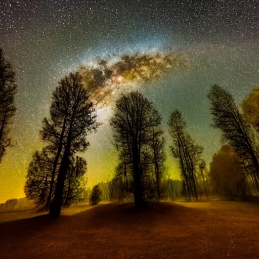 Image similar to in the starry night sky, there is a small planet that is covered in large trees