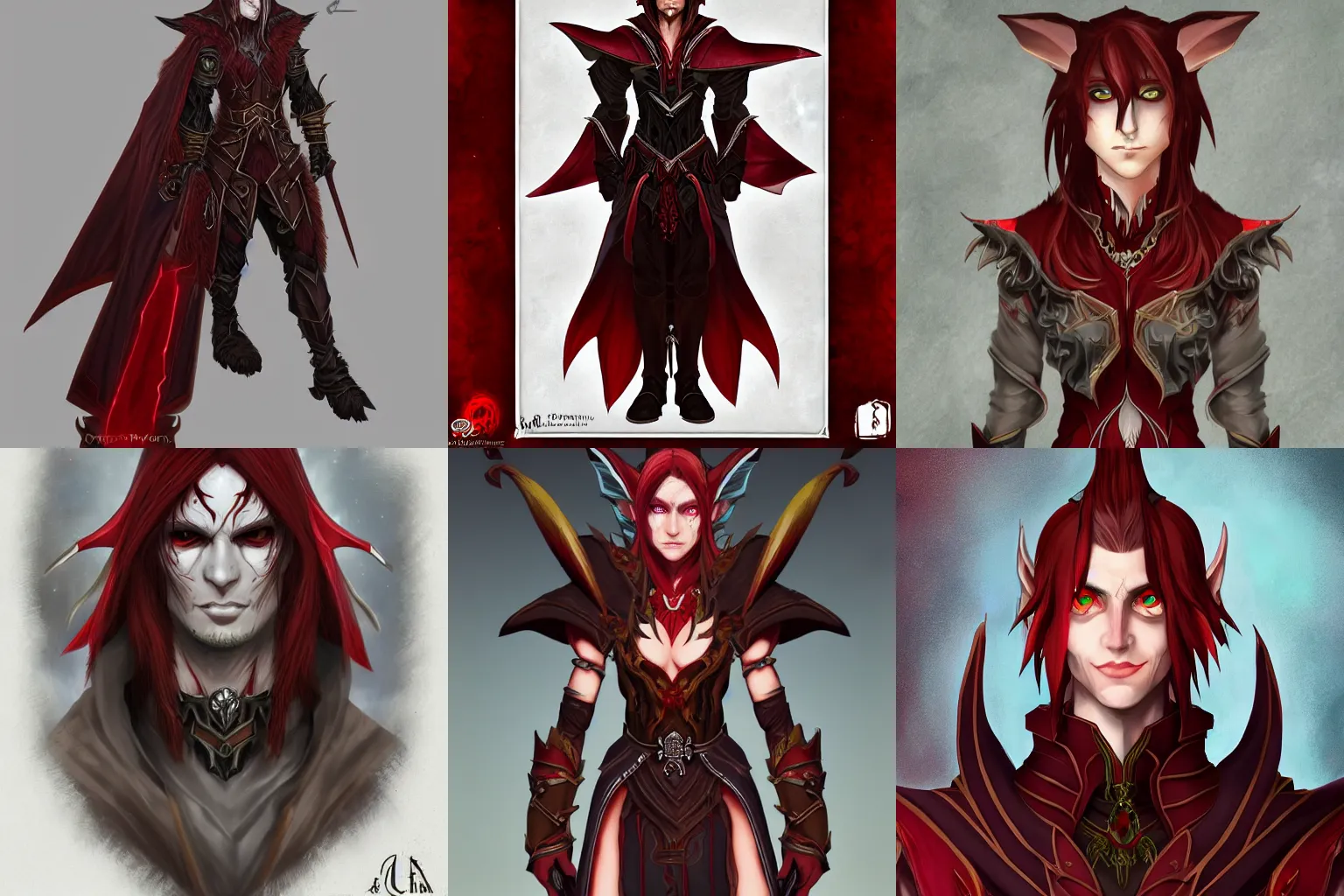 Prompt: Faldrin Dremoran half-elf warlock evil high detail, brown hair and ruby red eyes long ears glaring in a fantasy style, Trending on artstation, trending on deviantArt, trending on pixiv