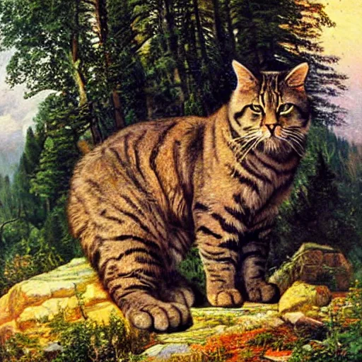 Image similar to huge gigantic cat in mountains, oil painting by Ivan Shishkin