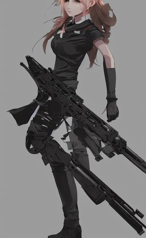 Image similar to highly detailed, high resolution, character design art, stunning, volumetric lightning, realistic guns, girls frontline style, matte, sharp focus, 150mm, illustration, artstation, by kuvshinov ilya, professional finish, realistic anatomy, simple design, max fidelity