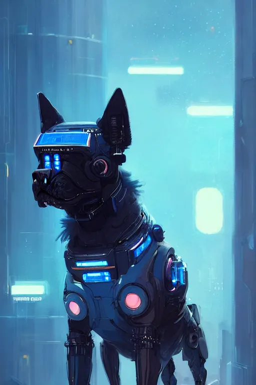 Image similar to a beautiful portrait of a cute cyberpunk dog with blue tinted view of space in the background by greg rutkowski and wlop, digital art, highly detailed, fine detail, intricate, ornate, complex