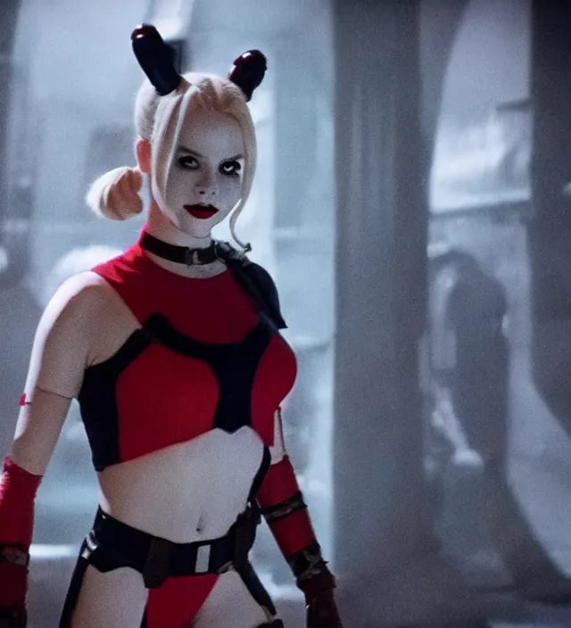 Image similar to harley quinn in star wars, movie still frame, hd, remastered, film grain, cinematic lighting