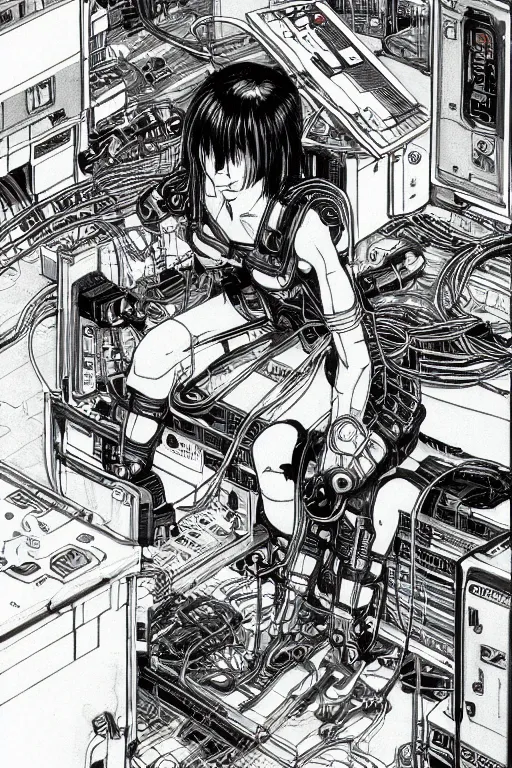 Image similar to an hyper-detailed cyberpunk illustration of a female android seated on the floor in a tech labor, seen from the side with her body open showing cables and wires coming out, by masamune shirow, and katsuhiro otomo, japan, 1980s, centered, colorful