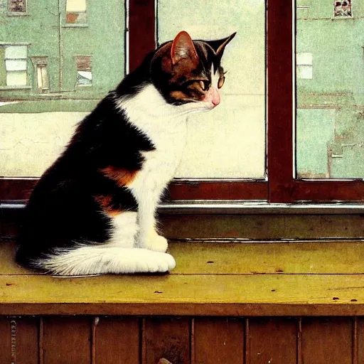 Image similar to A very content calico cat sitting on a wooden table looking out a window, artist is Norman Rockwell,