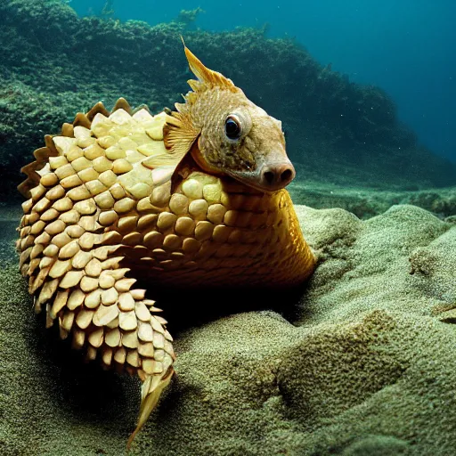 Image similar to a Goldfish with the armor of a pangolin, national geographic photograph