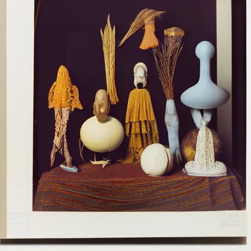 Prompt: A three color offset photography of surrealist objects on display, anthropology of wonder, surrealisme, exotic artifacts, colonial expedition, catalog exhibition, 60s style