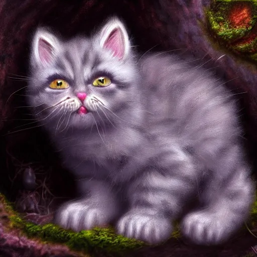 Image similar to rescue from the underworld, shadows of the past, chubby moss kitten, highly detailed, digital painting, HDRI, by tyler boswell and jeff easley, vivid colors, high contrast, 8k resolution, intricate, photorealistic, smooth