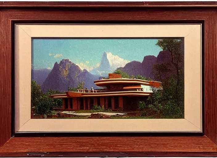 Image similar to painting of a frank lloyd wright house in front of beautiful mountains by albert bierstadt