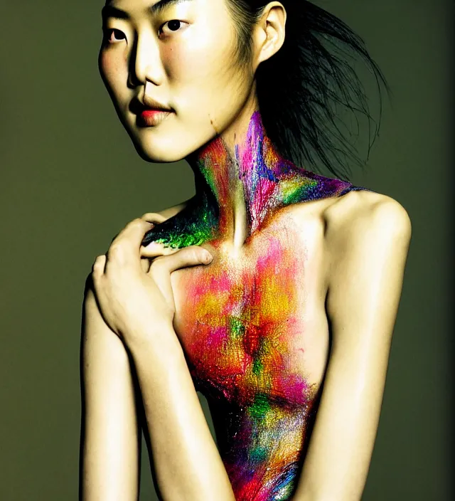 Image similar to photography american portrait of liu wen, natural background, sensual lighting, natural fragile pose, wearing stunning dress by iris van herpen, with a colorfull makeup. highly detailed, skin grain detail, photography by paolo roversi, nick knight, helmut newton, avedon, araki