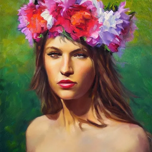 Prompt: oil painting of adrian von ziegler wearing a flower crown