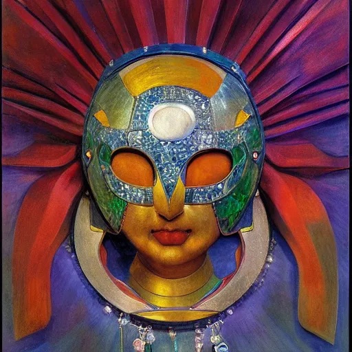 Image similar to the jeweled robot in her bird mask, by Annie Swynnerton and Diego Rivera, symbolist, dramatic lighting, elaborate geometric ornament, Art Deco,god rays, soft cool colors,smooth, sharp focus, extremely detailed, Adolf Wölfli