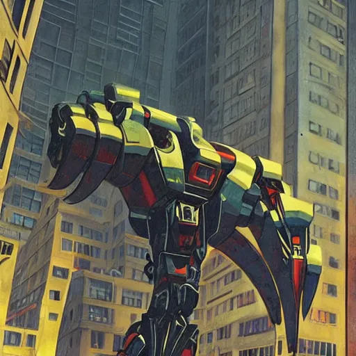 Image similar to brightly lit sleek futuristic combat mecha with long multisegmented arms slicing through buildings by boris groh, brian despain, gerald brom. rich colors
