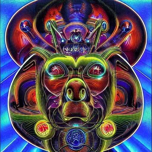 Image similar to the headed robotic hell dog, sacred geometry, alchemy, secrets of the merkabah in the style of alex grey