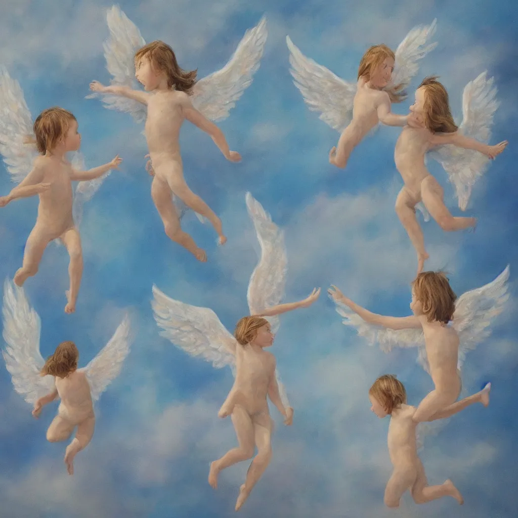 Prompt: siamese twins flying in the sky with angelic wings, hyperrealistic, painting, reinascence style, award wining