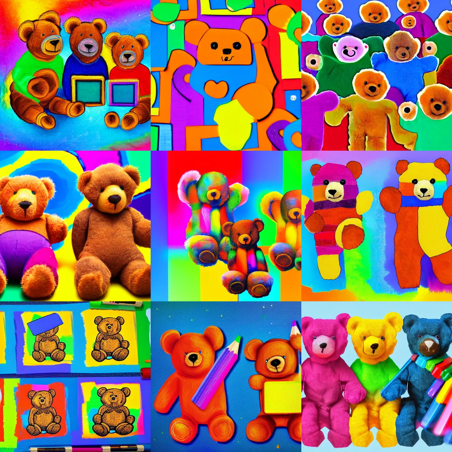 Prompt: teddy bears working on computers as kids'crayon art