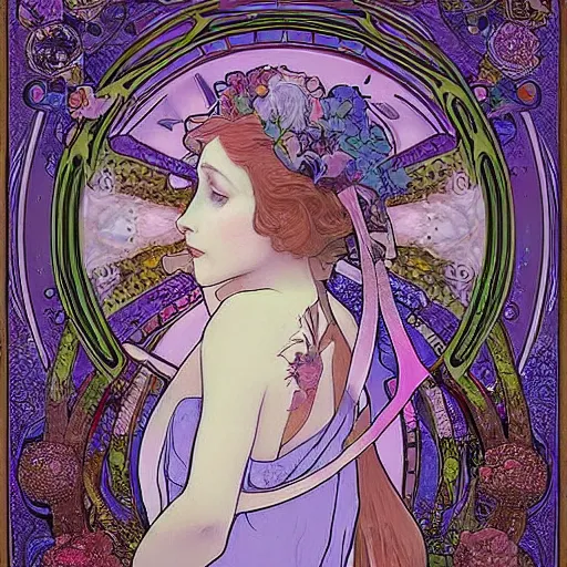 Image similar to Alice in Wonderland,Diamonds Blaze,Rose twining,out of time and space,dreamy, eternity, romantic,highly detailed,in the style of Alphonse Maria Mucha, highly detailed,night lighting