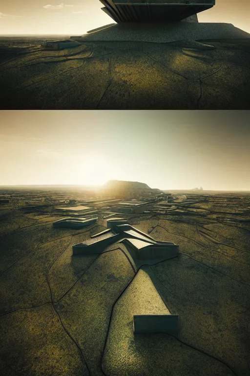 Image similar to sci - fi concrete brutalist architecture in the utah desert, zaha hadid, beksinski, photoreal, highly detailed, 8 k, hd, vray, artstation, trending on behance, cinematic matte painting, extreme detail photo quality, green moss, sunrays, sunset, featured on behance