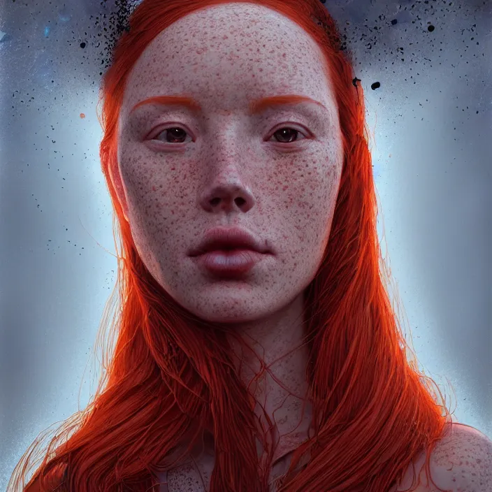 Prompt: portrait of a redheaded woman with freckles. intricate abstract. intricate artwork. by Tooth Wu, wlop, beeple, dan mumford. octane render, trending on artstation, greg rutkowski very coherent symmetrical artwork. cinematic, hyper realism, high detail, octane render, 8k, chrome accents