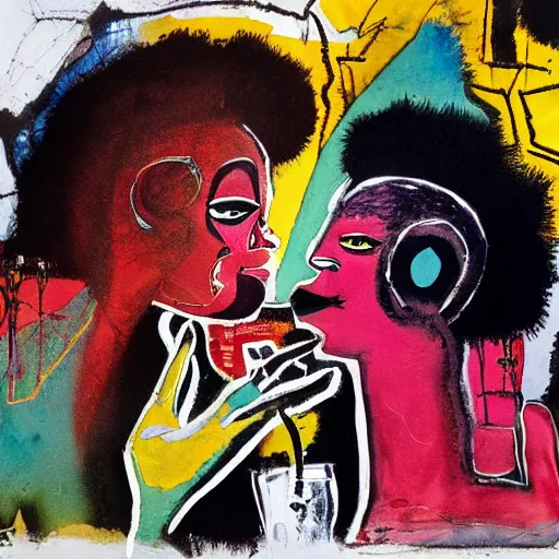 Prompt: watercolor painting of two bizarre psychedelic goth women kissing each other closeup in a cafe in spain, speculative evolution, mixed media collage by basquiat and jackson pollock, maximalist magazine collage art, sapphic art, lesbian art, chemically damaged