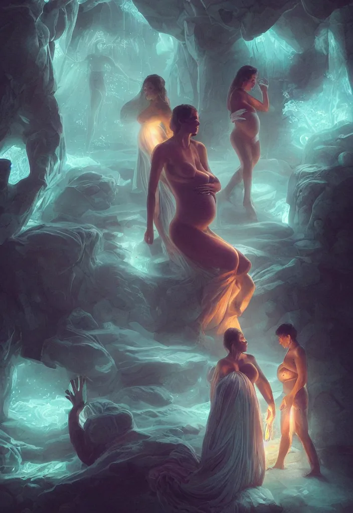 Prompt: epic pregnant woman talking to all her tribe with fluorescence bodies, proud people gather around the pregnant woman, fluorescence bodies, ice cave at night, intricate, elegant, highly detailed, digital painting, artstation, concept art, smooth, sharp focus, illustration, art by artgerm and greg rutkowski