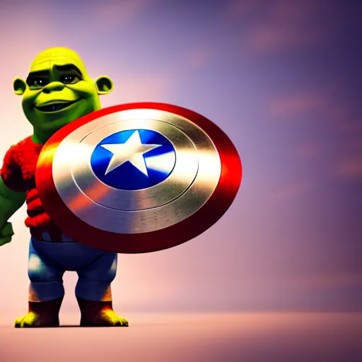 Image similar to digital painting of tiny super cute Shrek as Captain America in palms of someone's hands, octane render, volumetric lightening, by marvel