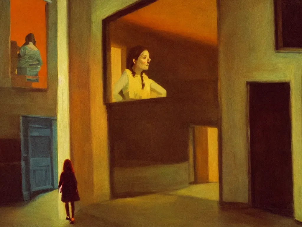 Prompt: lone girl waiting inside a 70s theater, stanley kubrick the shinning, american gothic, vibrant colors americana, cinematic, volumetric lighting, ultra wide angle view, realistic, detailed painting in the style of Edward Hopper and René Magritte