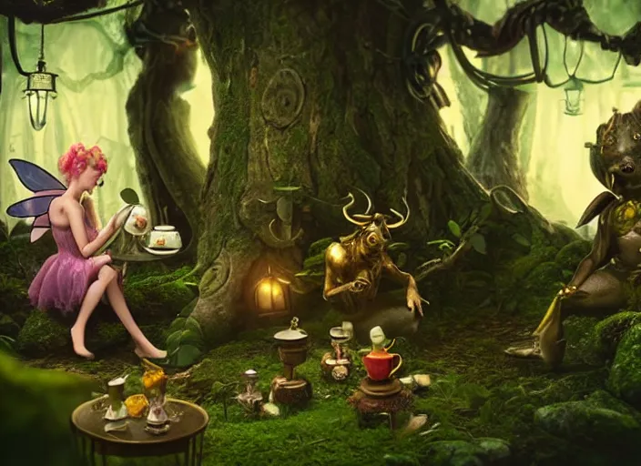 Prompt: tiny mechanical fairy having tea with a minotaur in a magical forest, having tea with a giant minotaur. Very detailed 8k. Fantasy cyberpunk horror. Sharp. Cinematic post-processing