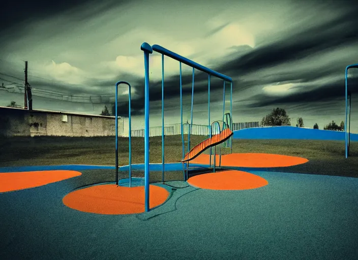 Image similar to editorial illustration by Karolis Strautniekas and Mads Berg, colorful, lonely playground, fine texture, detailed, film noir, contrast, dramatic lighting, dynamic composition, moody, vivid, volumetric, film grain, orange+blue+white+green