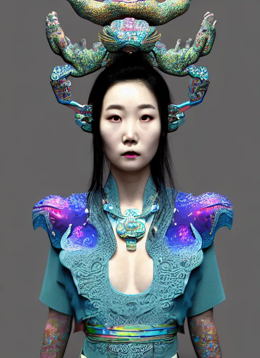 Image similar to 3 d goddess waist shot portrait. beautiful intricate highly detailed korean dokkaebi mask and traditional korean hanbok. stingray, magpie, bioluminescent, iridescent, plasma, lava, ice, water, wind, creature, key lighting, artwork by tooth wu and wlop and beeple and greg rutkowski, 8 k trending on artstation,